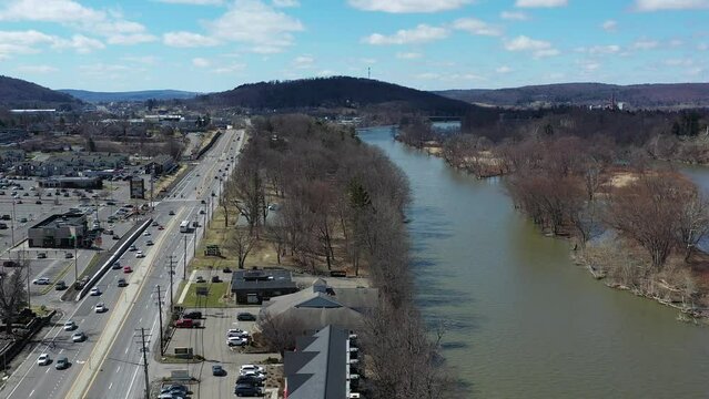 Aerial Descending Shot of the Susquehanna River in Binghamton New York