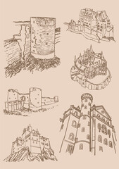 Fototapeta na wymiar Graphical vintage set of castles from Germany on sepia background,vector sketchy illustration. Historical buildings