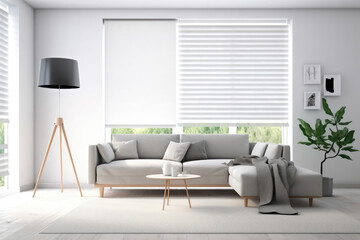 Blinds In The Guest Room Scandinavian Style On White Background. Generative AI