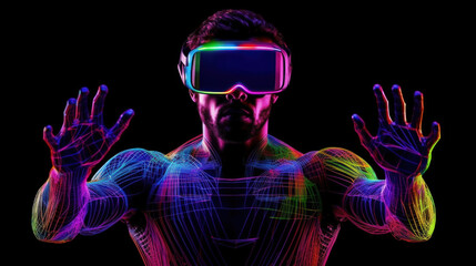 Abstract man in virtual reality glasses surrounded by virtual data with neon ultraviolet lines created with generative AI technology