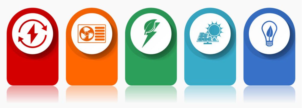 Renewable energy icon set, miscellaneous vector icons such as heat pump, green power and solar energy, modern design infographic template, web buttons in 5 color options