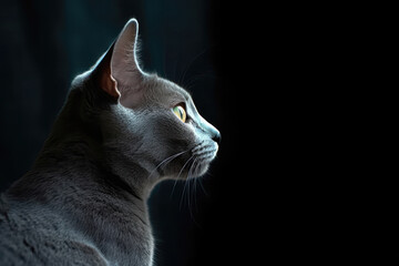 Portrait Of Cat Russian Blue In Profile On Black Matte Background. Empty Space. Generative AI - obrazy, fototapety, plakaty