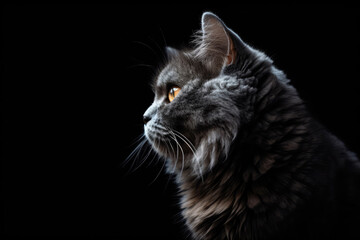 Fototapeta na wymiar Portrait Of Cat Selkirk Rex In Profile On Black Matte Background. Empty Space. Generative AI