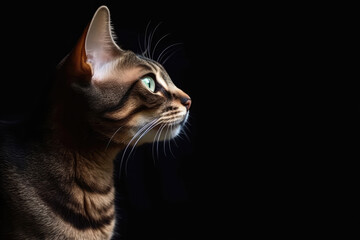 Portrait Of Cat Somali In Profile On Black Matte Background. Empty Space. Generative AI
