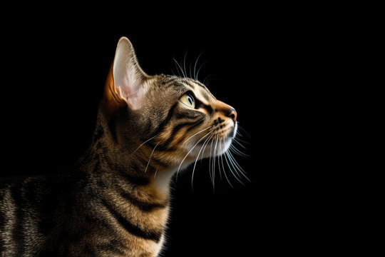 Portrait Of Cat Pixiebob In Profile On Black Matte Background. Empty Space. Generative AI