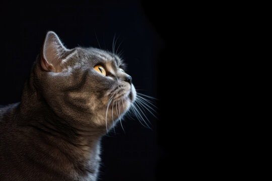 Portrait Of Cat Scottish Fold In Profile On Black Matte Background. Generative AI