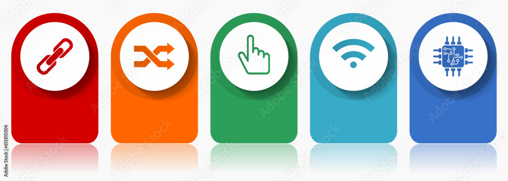 Poster Web and internet icon set, miscellaneous vector icons such as chain, arrows, finger, signal and chip, modern design infographic template, web buttons in 5 color options