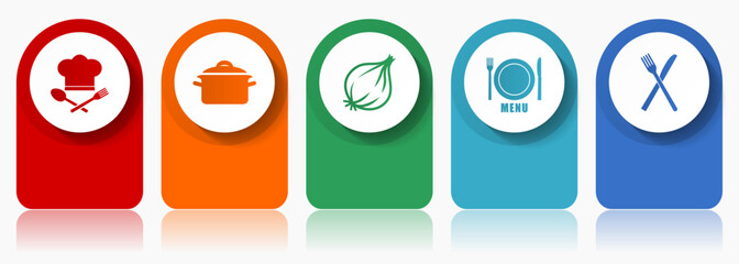Food icon set, miscellaneous vector icons such as chef hat, pot, onion, menu and cutlery, modern design infographic template, web buttons in 5 color options