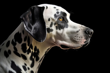 Portrait Of Dog Dalmatian In Profile On Black Matte Background. Generative AI