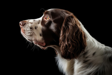 Portrait Of Dog English Springer Spaniel In Profile On Black Matte Background. Generative AI