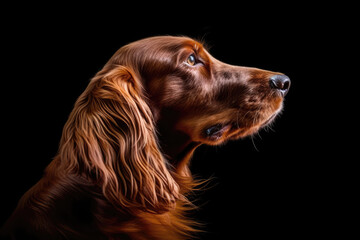 Portrait Of Dog Irish Setter In Profile On Black Matte Background. Generative AI