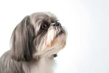 Naklejka na ściany i meble Portrait Of Dog Shih Tzu In Profile On White Background. Empty Space. Generative AI