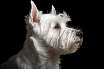 Portrait Of Dog West Highland White Terrier In Profile On Black Matte Background. Generative AI