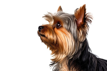 Portrait Of Dog Yorkshire Terrier In Profile On White Background. Generative AI