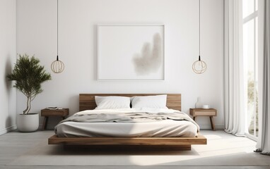 Fototapeta na wymiar Crisp White Platform Bed in Minimalist Bedroom. Generative AI