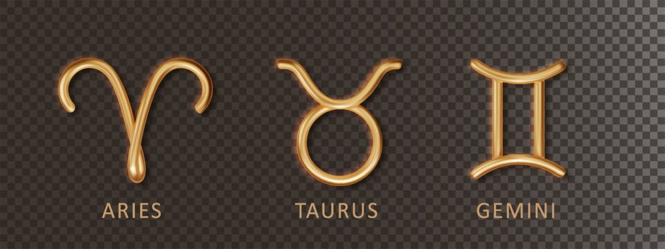 Zodiac gold signs Aries, Taurus, Gemini, with shadow isolated on transparent background. Luxury 3d realistic signs for astrology horoscope predictions