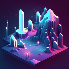 Isometric neon sculpture nature scene