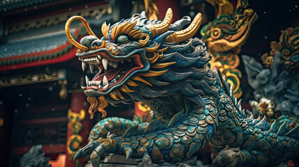 Fototapeta premium A dragon sculpture on the eaves of Chinese temple