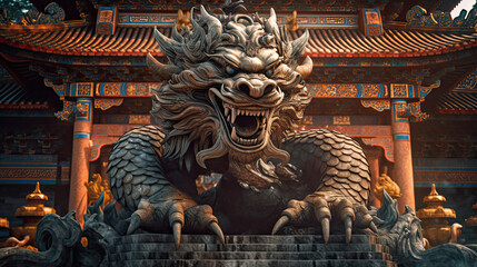 Fototapeta premium A dragon sculpture on the eaves of Chinese temple