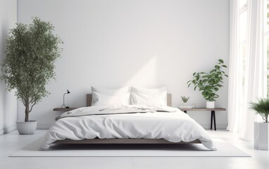 Fototapeta na wymiar Minimalistic Platform Bed in a Plain White Bedroom. Generative AI
