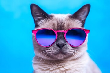 Siamese cat using sunglasses on blue and purple background. Generative AI 