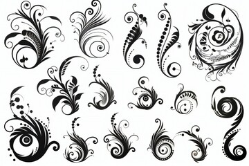 Set of filigree calligraphic shapes design elements in black over white background Generative AI - obrazy, fototapety, plakaty