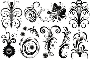 Set of filigree calligraphic shapes design elements in black over white background Generative AI