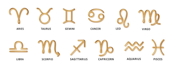 Zodiac gold signs with latin names vector illustrations set. Realistic symbols for astrological calendar, horoscope. Luxury 3d signs set for astrology horoscope predictions. Vector, PNG