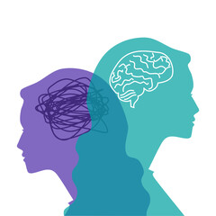 The concept of bipolar mental disorder. Split personality. Mood disorder. Two similar female faces. Psychology. mental health. Tangled capes and mental health. Modern vector isolated on white