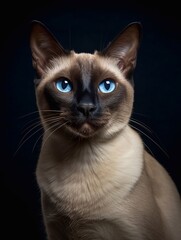 Close-up portrait of Siamese cat on black background. Generative AI
