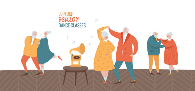 Old Couple Dancing Together. Active Elderly Dancer Group And Senior Couple Having Fun In Dance Class. Retired Community Music Party. Flat Hand Drawn Vector Illustration