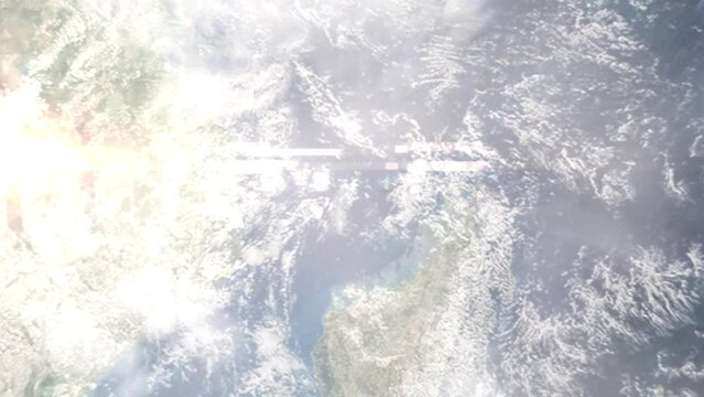 Zoom in from space and focus on Mamoudzou, Mayotte, France. 3D Animation. Background for travel intro. Elements of this image furnished by NASA