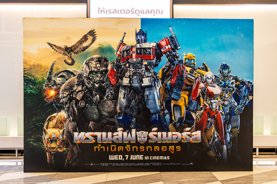 Bangkok, Thailand - June 8, 2023: A beautiful standee of a movie called Transformers: Rise of the Beasts Display at the cinema to promote the movie