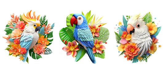 Obraz premium Cute 3D Birds, Floral 3D Birds, Parrot. Generative AI