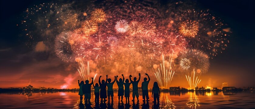 Fireworks in the sky, party people on the beach, generative AI