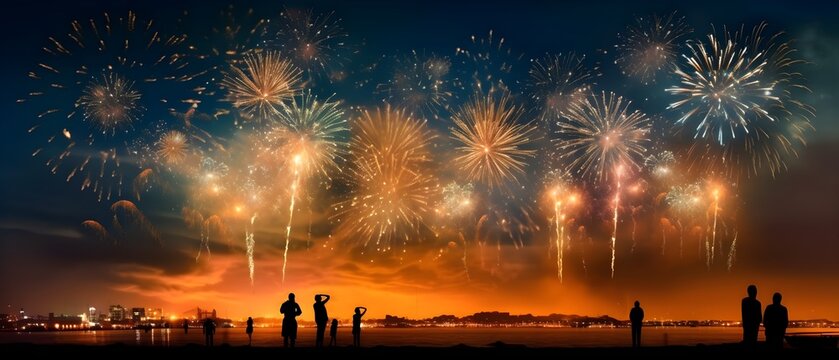 Fireworks in the sky, couple on the beach, generative AI