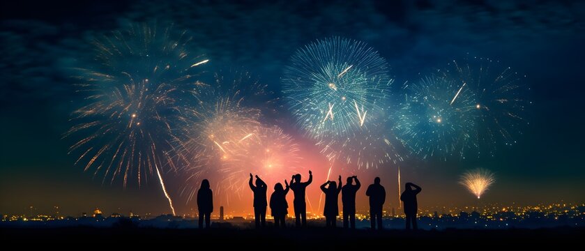 Fireworks in the sky, people on the beach, generative AI