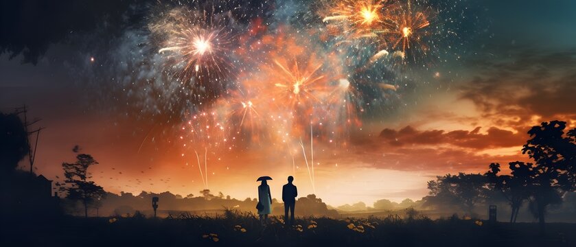 Fireworks in the sky, couple on the beach, generative AI