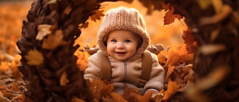 Small child laughing, playing in the park, autumn, generative AI