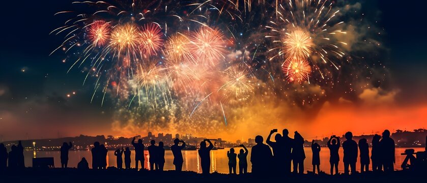 Fireworks in the sky, people on the beach, generative AI