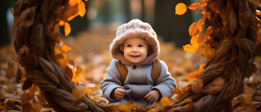 A smiling child playing in the park, autumn, generative AI