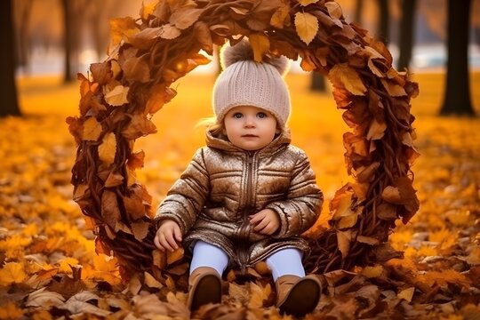 A calm child playing in the park, autumn, generative AI
