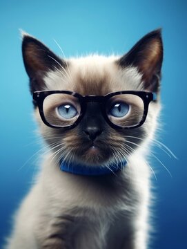 Portrait of a Siamese cat posing while wearing a tie and glasses in a photo studio. Generative AI 
