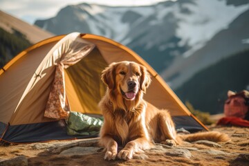 Generative AI camping in mountains with a dog. Red cute golden retriever is little traveler. Front view. Happy dog travels in the mountains in summer.