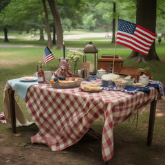 Picnics or barbecues in parks or home gardens with American flag decorations