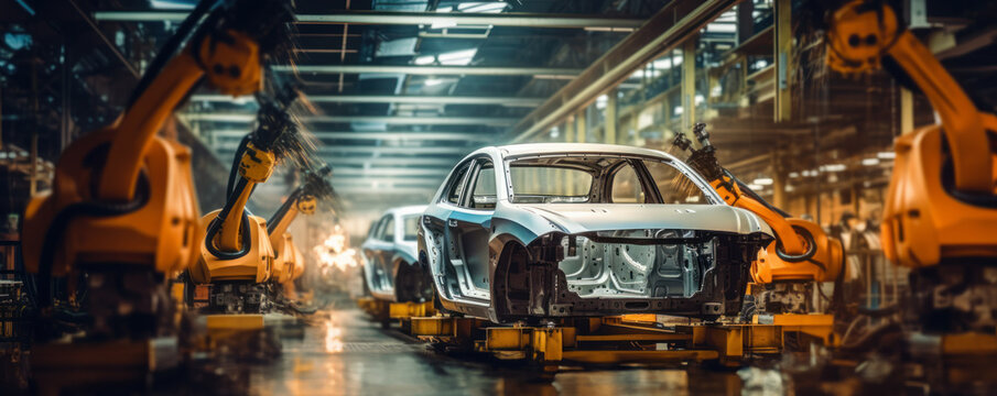 Car factory, car production plant. A modern car manufacturing facility with raw silver monocoque bodies flowing down production lines. some motion blur. hand edited generate  AI. 