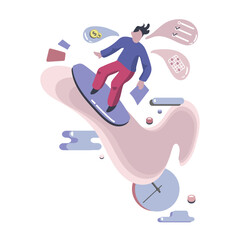 Cartoon faceless guy surfing among tasks and goals. Work activity and efficiency, performance expectation 2d vector graphic. Flat style illustration on white background