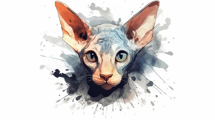 Portrait of a Sphynx cat on a white background in watercolor. Generative AI 