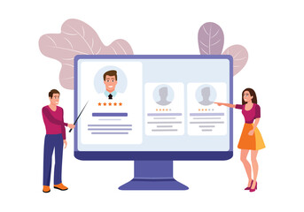 Smiling characters working in recruitment agency. Professional headhunting business representatives. HR department hiring candidates for job on computer. Vector