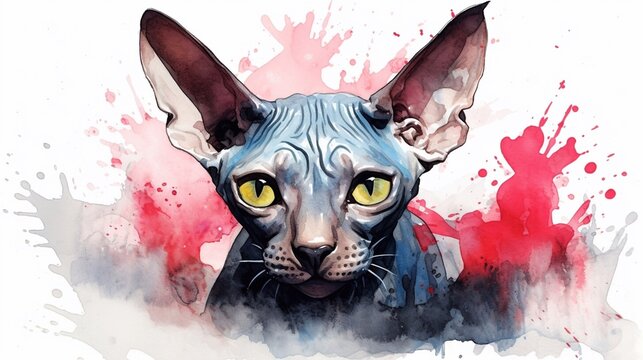 Portrait of a Sphynx cat on a white background in watercolor. Generative AI 